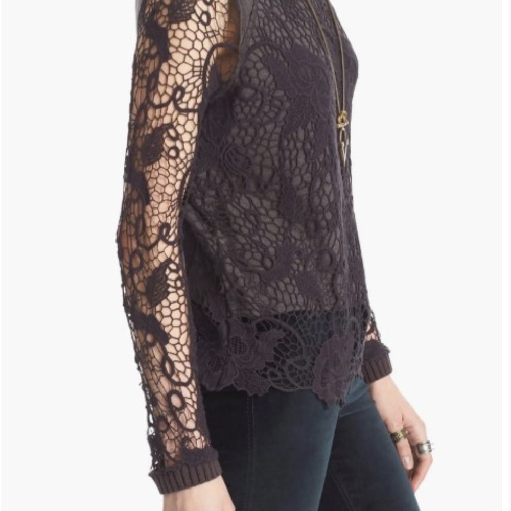 Free People Pretty Rad Lace Split Back Sweater Sz S Gray Crochet - Picture 3 of 16
